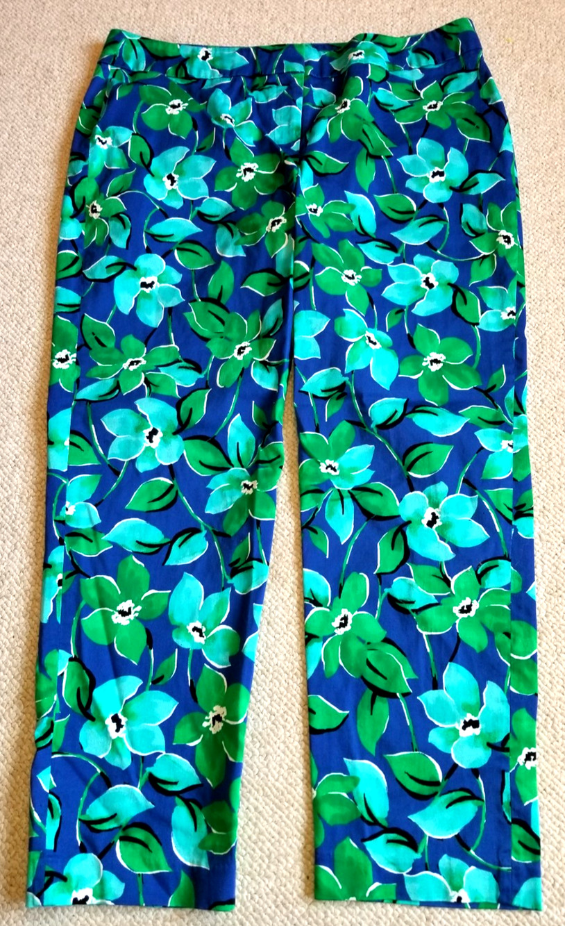 Womens Pants-PAPPAGALLO-blue/green floral Tropical cotton Resort Country Club-14